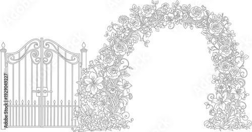 Intricate wrought iron garden gate with an elegant floral archway adorned with roses and lilies, ready for coloring.