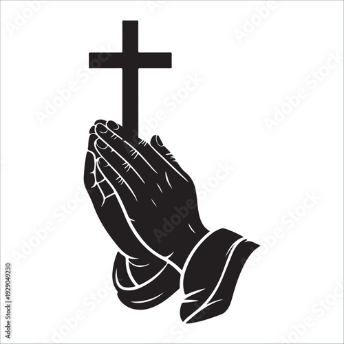 Hands praying at wooden cross symbolizing faith hope and spirituality minimalist black and white silhouette vector