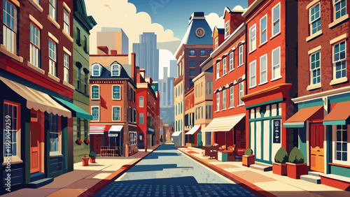 Very beautiful street perspective of Philadelphia’s historic Fabric Row along Fourth Street, featuring charming brick storefronts, textured facades, and a nostalgic urban atmosphere reflecting the cit