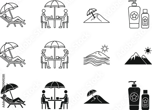 a collection of simple black and white line icons depicting beach scenes sunbathing dining and sun protection products high quality professional