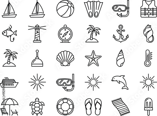 A collection of simple black and white line art icons depicting various elements associated with summer the beach and nautical themes