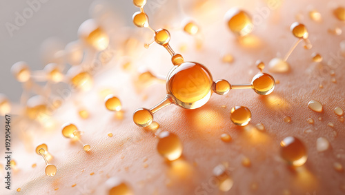 Orange molecules connected by bonds on skin, skincare ingredient close-up, science and cosmetology, biotechnology research, cosmetic science application, anti-age cosmetics Molecular structure swatch.