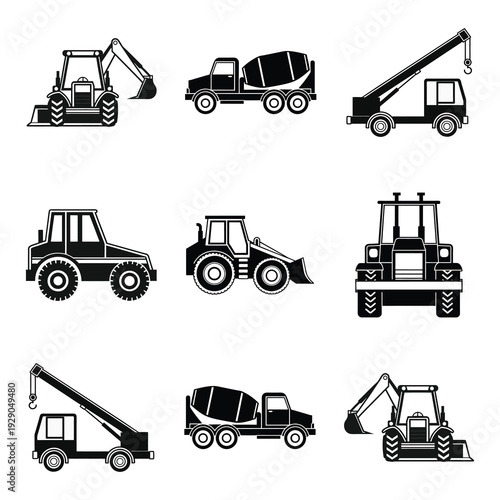 Construction Vehicles and Heavy Equipment Silhouettes Set