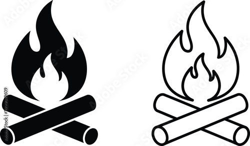 this image displays a simple black and white illustration of two campfires each consisting of logs and flames providing a visual representation of warmth