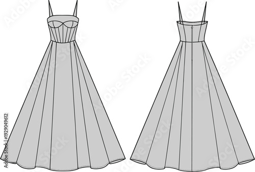 Technical fashion illustration of elegant sleeveless evening dress with spaghetti straps, structured bodice, seam detailing, flared full‑length skirt, garment construction sketch for apparel design 