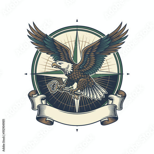 Eagle emblem with compass and ribbon, symbolizing freedom and navigation, vector illustration