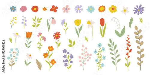 Set hand drawn colorful wildflowers and leaves in flat style. Perfect for spring patterns, greeting cards, wedding invitations, stickers, posters, branding and digital scrapbooking.