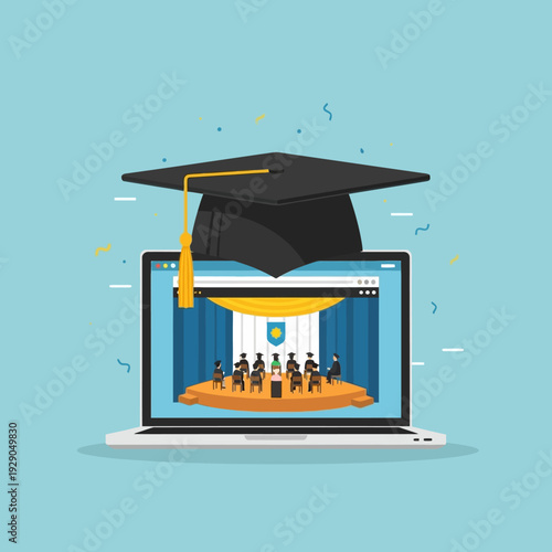Virtual Graduation Ceremony on a Laptop Screen with an Academic Cap, Symbolizing Online Education Success and Remote Academic Achievement