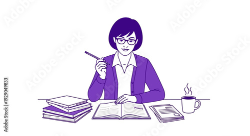 Woman studying with books and coffee.