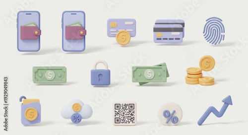 Financial technology icons representing digital wallets, cards, and security elements.
