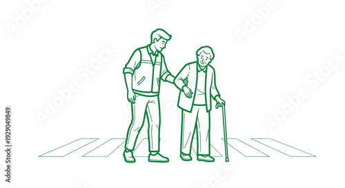 Man helping elderly woman walk.
