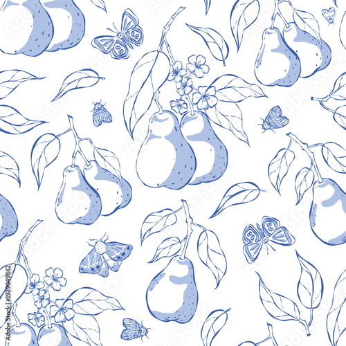 Blue Pear Seamless Pattern with Leaves Flowers and Butterflies