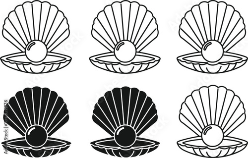 a collection of detailed black and white scallop shell illustrations each containing a lustrous pearl presented in varied orientations and styles