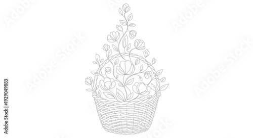 Beautiful line art illustration depicting a charming woven basket overflowing with delicate blooming flowers and swirling leaves, perfect for spring decoration.
