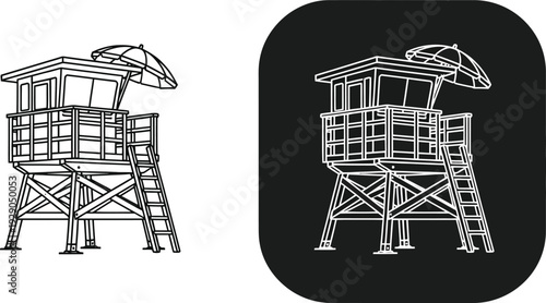 a detailed illustration showcases two perspectives of a lifeguard tower presenting structural elements and design features in monochrome high quality professional