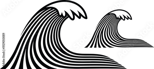 A minimalist graphic illustration depicts two stylized waves with curved crests formed by repeating lines against a white background high quality