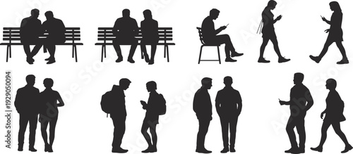 People silhouettes using smartphones walking sitting benches social interaction modern urban lifestyle illustration technology communication crowd figures white background vector
