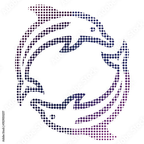 Circular Halftone Dolphin Duo Logo with Purple Blue Gradient Vector.