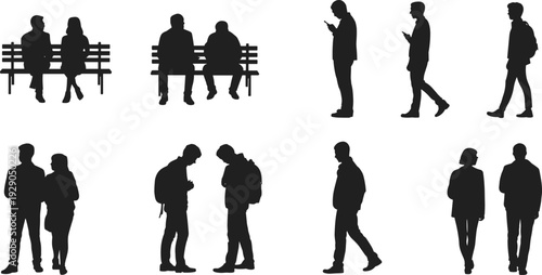People silhouettes set, walking standing sitting bench, urban lifestyle crowd, human figures, modern city life, social interaction illustration