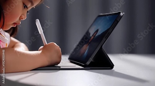 Young girl using digital tablet and stylus on white table indoors with natural light