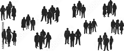 Group of people silhouettes, social gathering concept, teamwork community crowd standing together, human diversity illustration isolated on white background