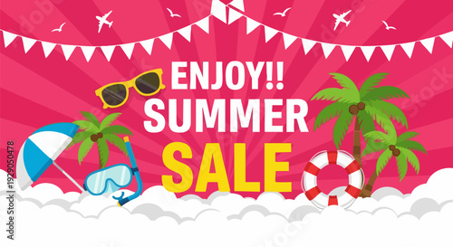 Enjoy Summer Sale Vector Banner with Beach Elements and Palm Trees