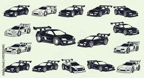 Collection of various sports cars in different angles, black and white illustration.