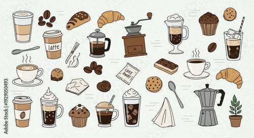 Collection of Coffee Drinks and Pastries Hand Drawn Illustration.