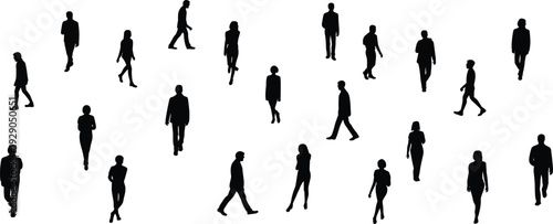 Crowd of walking people silhouettes, anonymous men and women figures, human movement concept, society diversity, urban life illustration