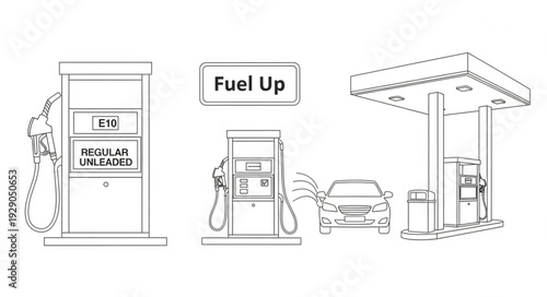 Gas station scene showing fuel pumps and a car refueling, black and white illustration.
