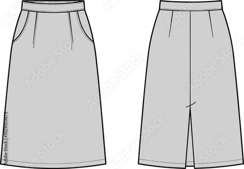 Technical fashion illustration of straight knee‑length skirt front and back views with waistband, darts, side pockets, center back vent, garment construction sketch for apparel design reference