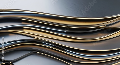 Abstract Wavy Metallic Lines With Gradient Colors And Reflections on Gray Surface