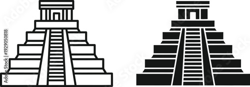 A detailed illustration showcases two ancient mayan pyramids in contrasting styles one outlined and one solid depicting architectural heritage high quality