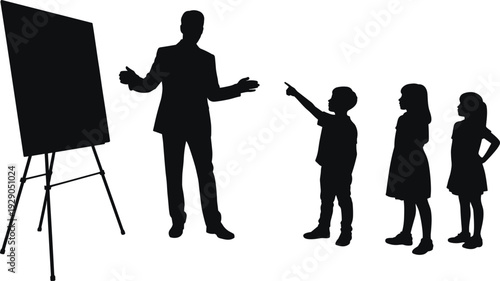 Silhouette teacher presenting lesson to children, education concept, classroom training, learning presentation, school guidance, knowledge sharing illustration