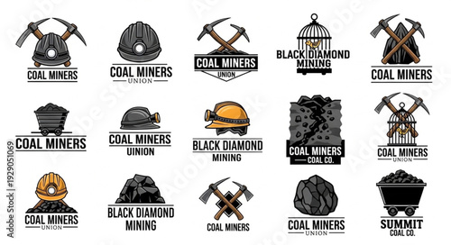 Collection of coal mining related logos and emblems in vintage style.