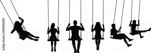 Silhouette of family and children swinging together, playground activity, childhood freedom, leisure time, minimal black white illustration design