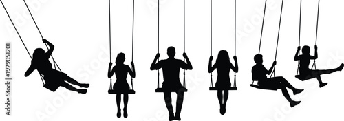 Silhouette of children and adults swinging together, family fun concept, playground activity, happiness, freedom, childhood memories, minimal design