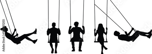 Silhouette people swinging on playground swings showing childhood joy freedom motion friendship leisure minimal black white illustration concept design vector