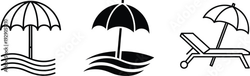 a simple depiction of beach elements including umbrellas a beach chair and wave lines presented in a minimalist black and white style
