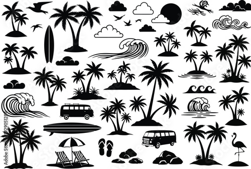 A collection of tropical themed elements including palm trees waves birds surfboards and vehicles all in black and white high quality