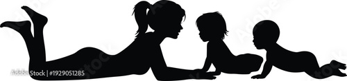 Mother with two babies silhouette, family bonding moment, parenting concept, childhood love, maternity care, child development illustration