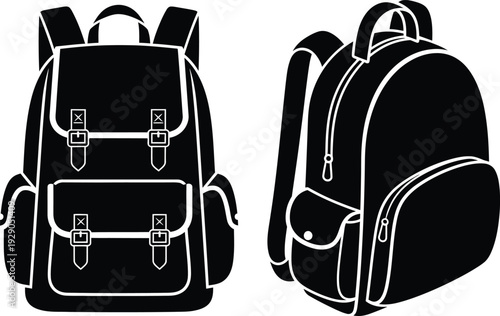 this image showcases two distinct black and white backpack designs one with a classic flap closure and the other streamlined with zippers
