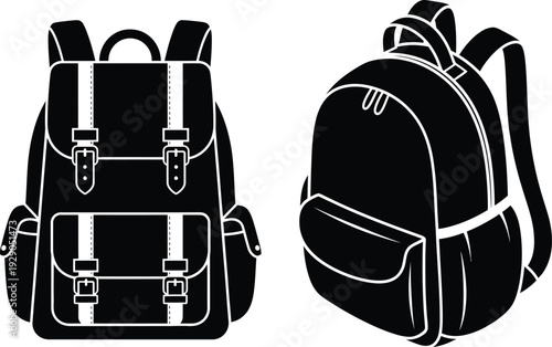 a detailed illustration showcases two black and white backpacks one facing forward and one from a side perspective highlighting their design elements