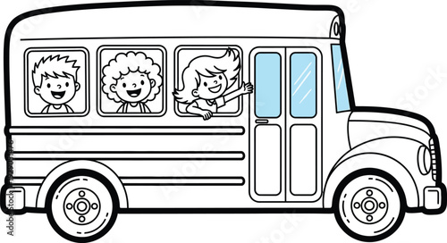 a simple black and white illustration depicts a school bus with three cheerful children looking out the windows high quality professional