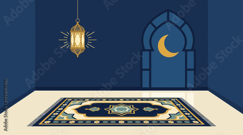 Ramadan Iftar Scene Inside a Serene Prayer Room with Crescent Moon Window