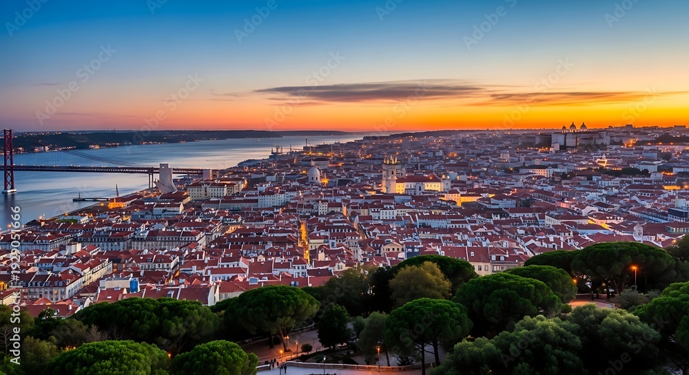 Fototapeta premium Aerial cityscape at sunset with trees in foreground