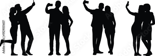 Couple silhouettes taking selfie, romantic people posing together, smartphone photography, social media lifestyle, modern love, isolated white background, studio concept