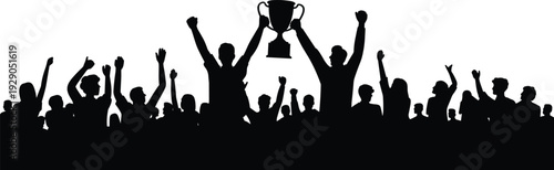 Winning, team, celebrating, trophy, victory, silhouette, crowd, championship, success, achievement, leadership, motivation, competition, sports, festival, triumph, fans, celebration, black, white