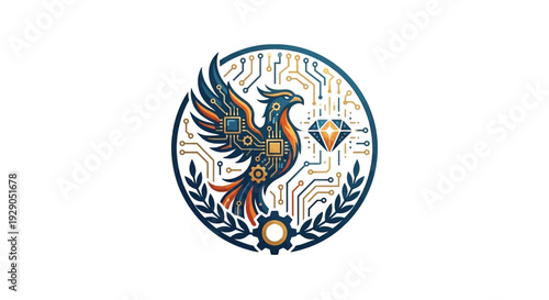A vibrant phoenix illustration surrounded by circuitry and gemstones in a circular frame, symbolizing technology and mythology, viewed from a straightforward perspective, as seen in nnn (4).eps