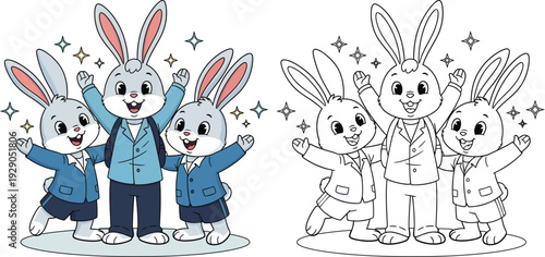 Cheerful Cartoon Bunny Students with Backpacks and Sparkles Coloring Page